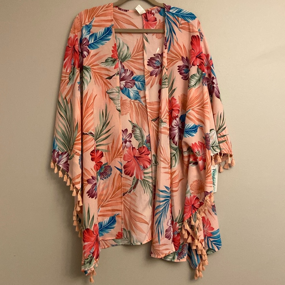 💜Freshwater Floral Tropical Print Open front Fringe Kimono size XL